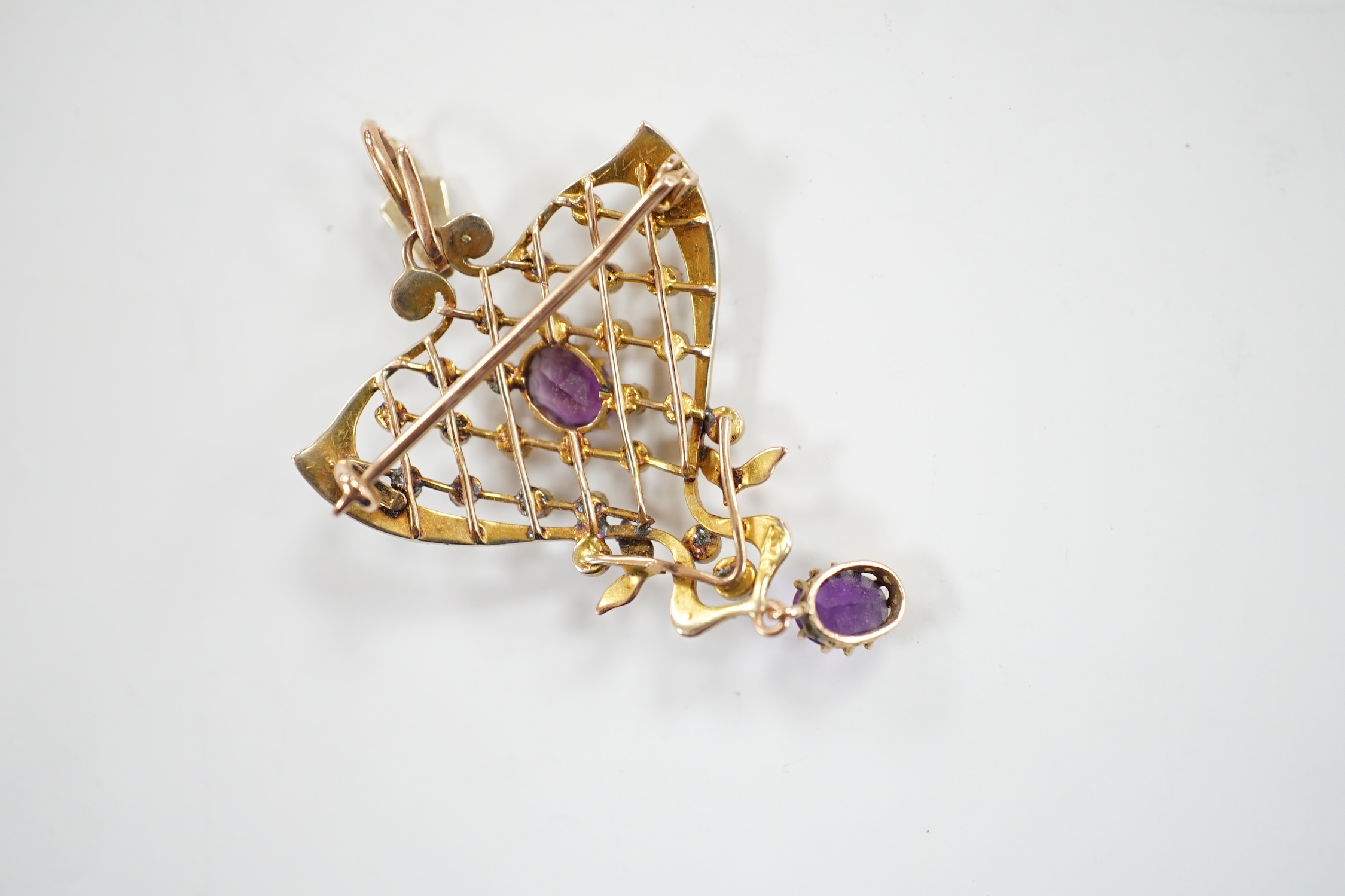 An Edwardian Art Nouveau 9ct, amethyst and seed pearl set drop pendant, 50mm, gross weight 5.2 - Image 6 of 6