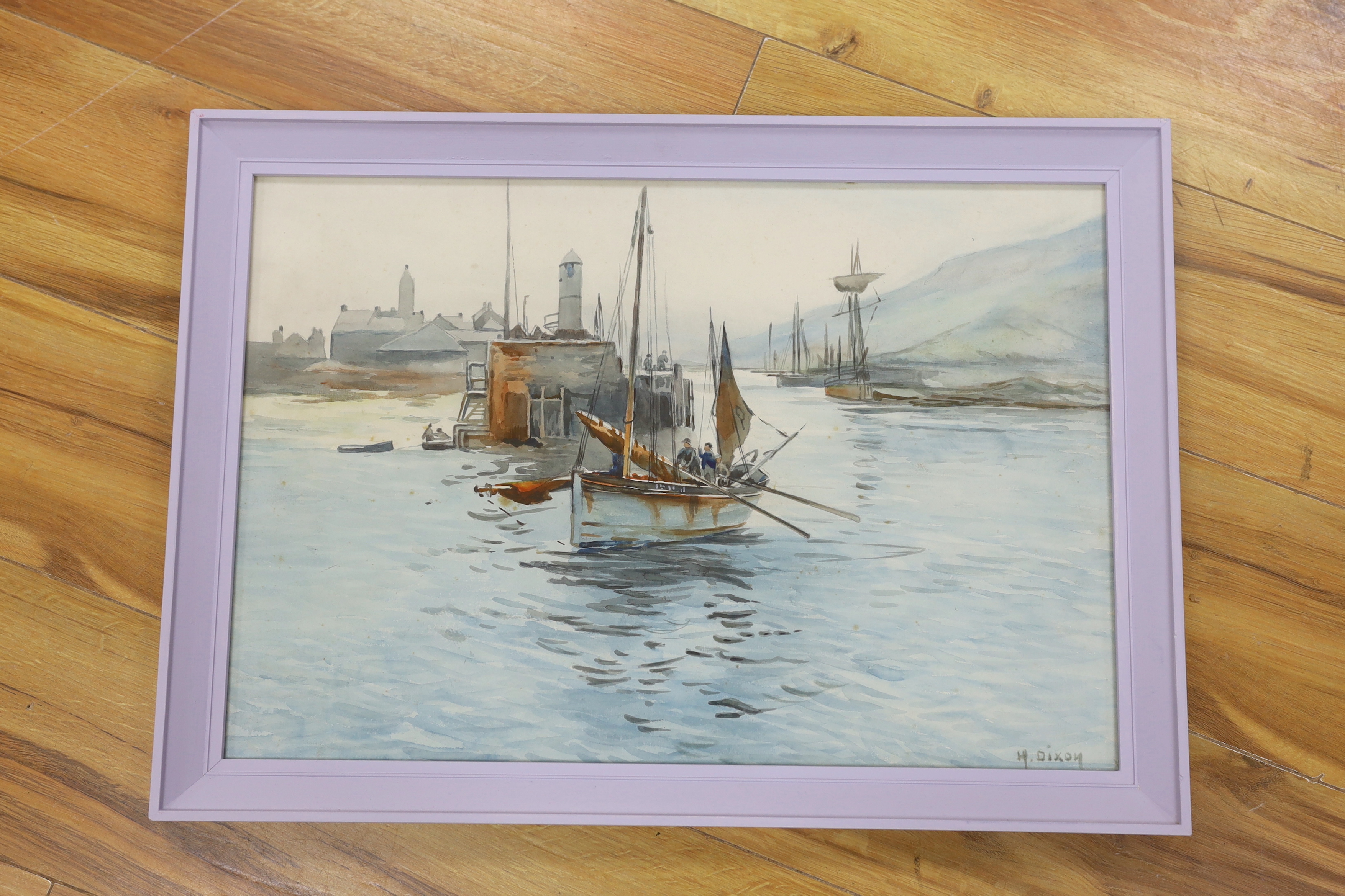 H Dixon, watercolour, Estuary scene with fishing boats, signed, 36 x 52cm - Bild 2 aus 4