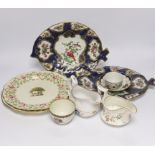 A pair of Samson Worcester style scale blue dishes, a Worcester fruit painted tea bowl and saucer,