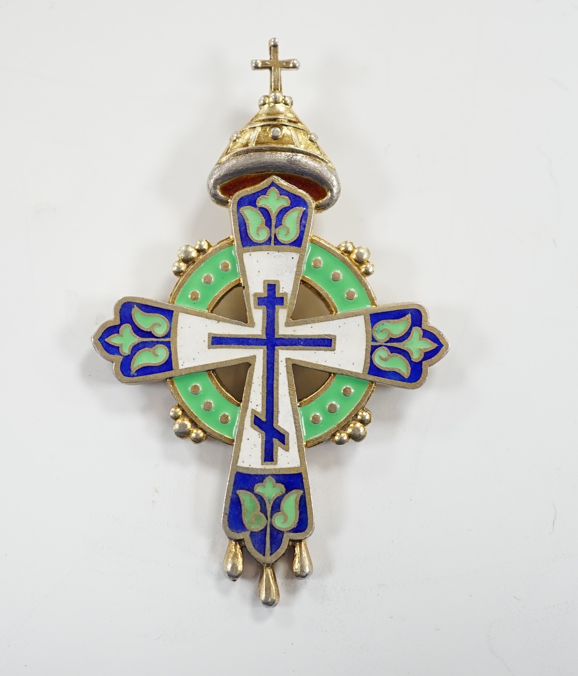 An early 20th century Russian polychrome enamel and gilt 84 zolotnik Romanov tercentenary cross