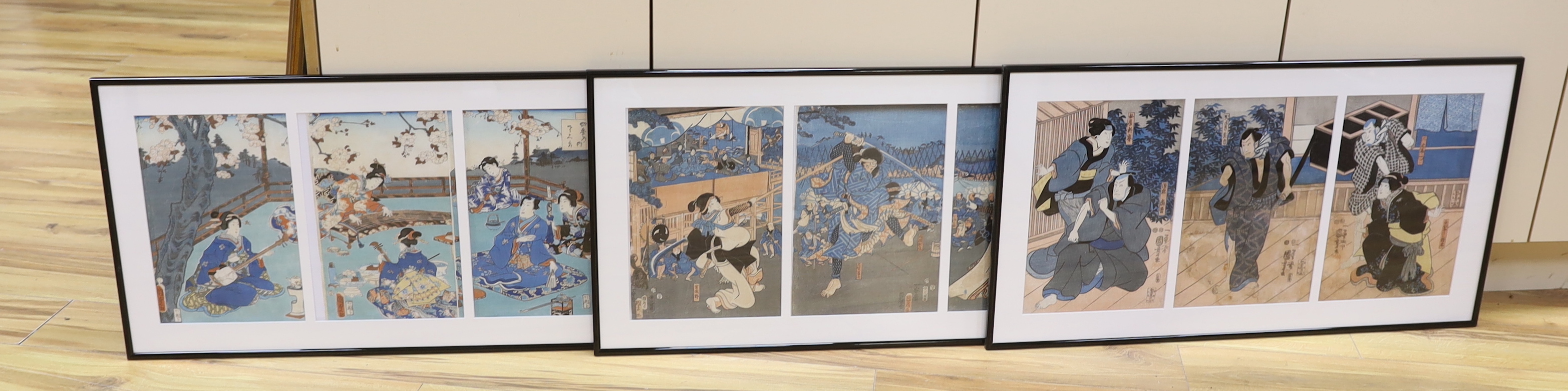 A set of three Japanese triptych woodblock prints, including after Kuniyochi (1798-1861), scene of