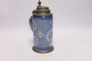A South German pewter mounted faience tankard, 22cm