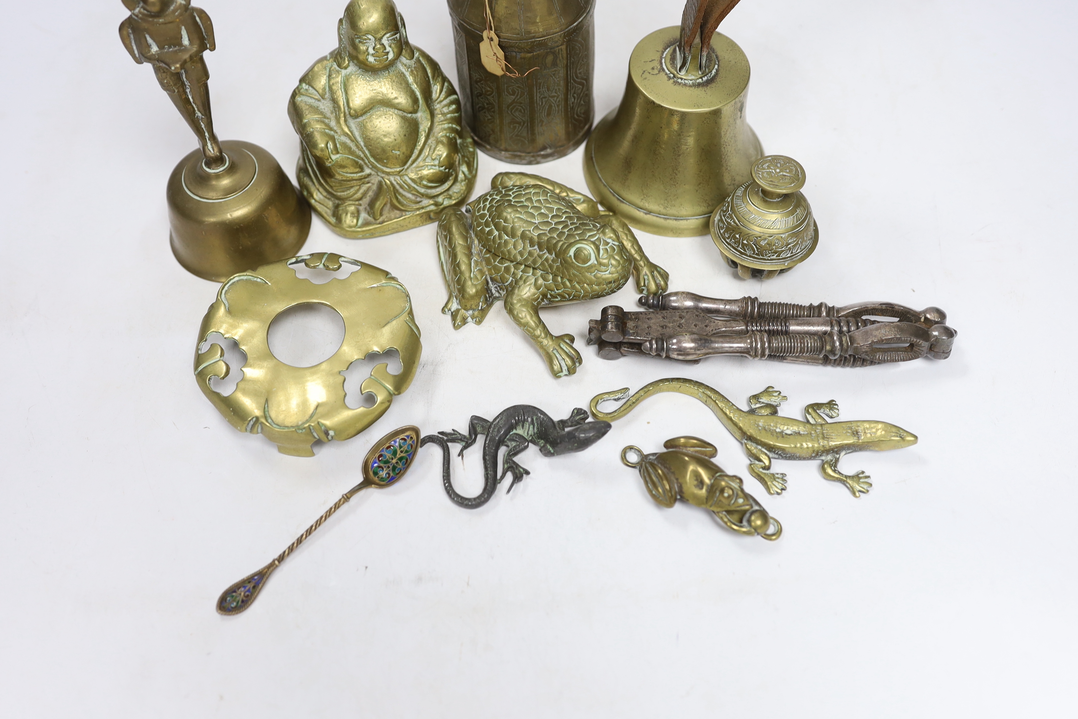 Sundry metalware including hinged brass frog with compartment, nutcrackers, a seated Buddha and a - Image 4 of 6