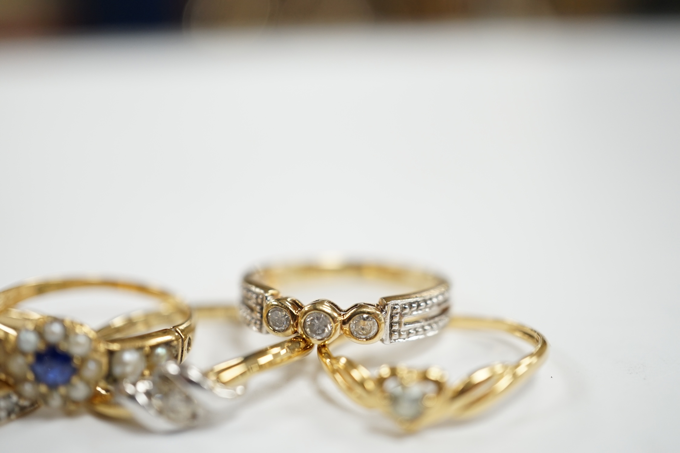 Three assorted modern 9ct gold and diamond set rings, gross 6.5 grams and two other yellow metal and - Image 5 of 6