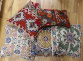 Five wool worked chain stitch cushions, approximately 38cm x 40cm