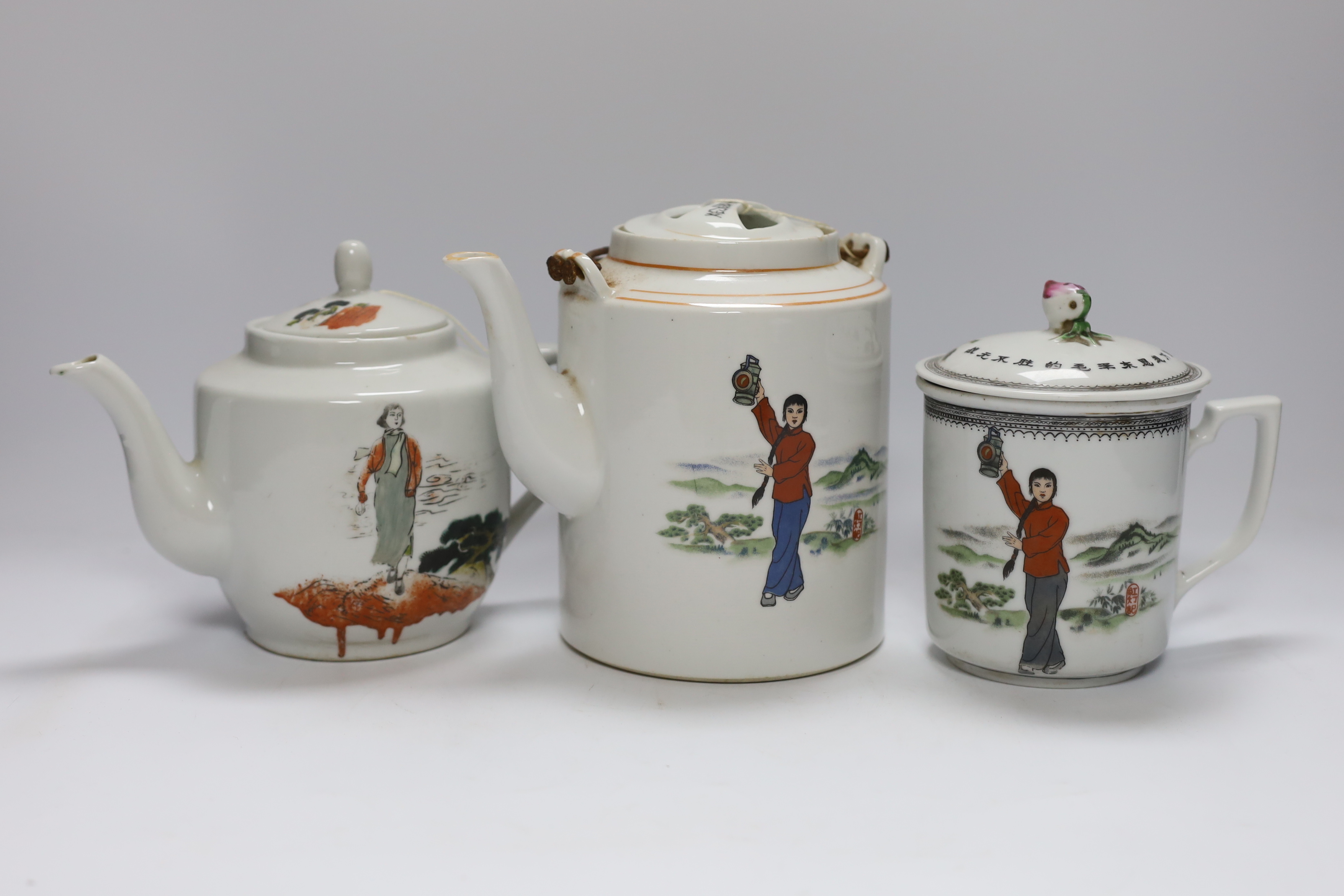 Cultural Revolution porcelain – two teapots and a pot and cover, tallest 17cm