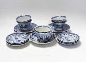 Two pairs of 19th century Chinese blue and white teabowls and saucers, a set of six other blue and