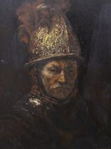 W Loschke, After Rembrandt (Dutch, 1606-1669), oil on board, ‘The man with the golden helmet’,