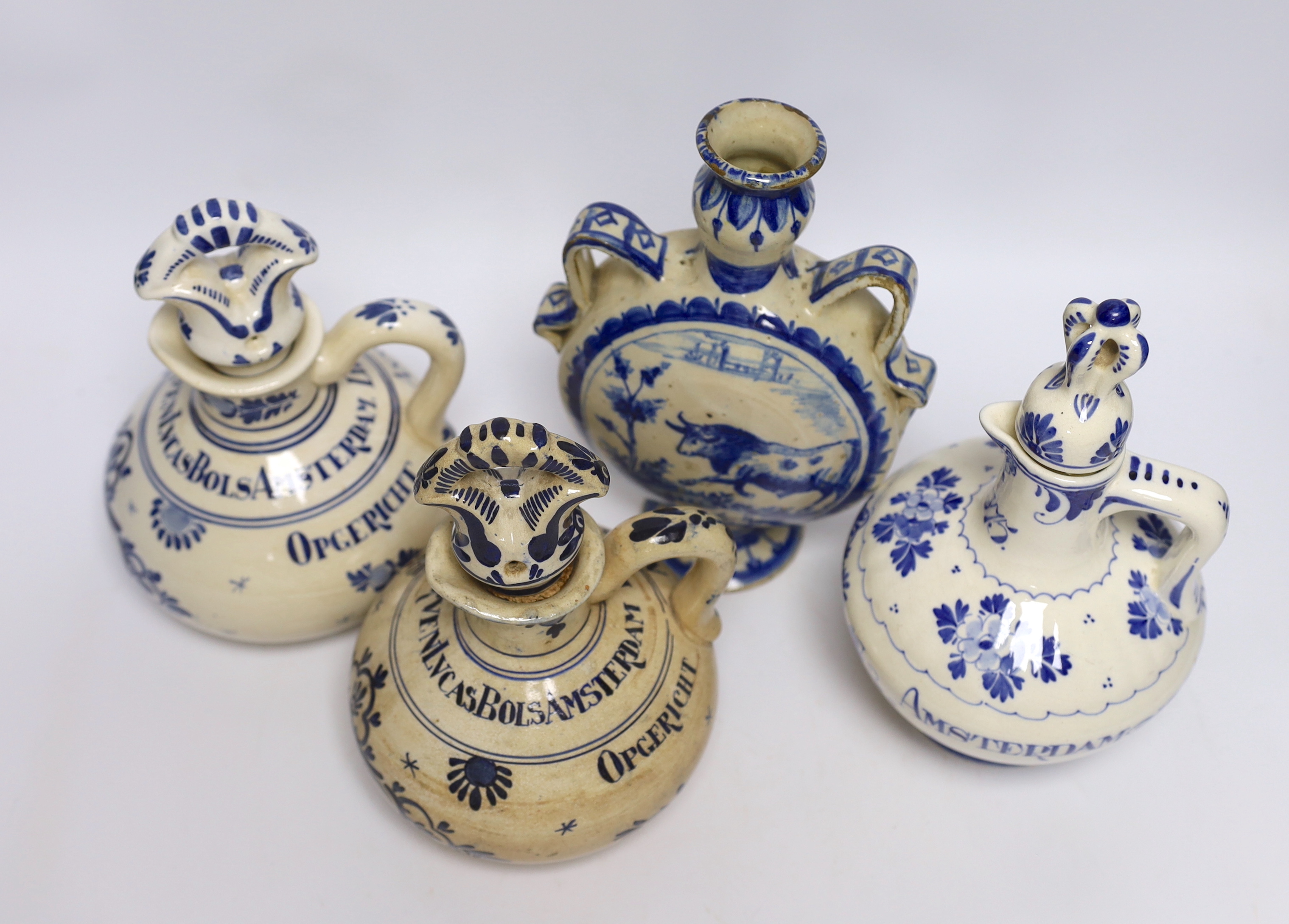 A Delft moonflask and three Delft jugs, largest 22cm - Image 3 of 5