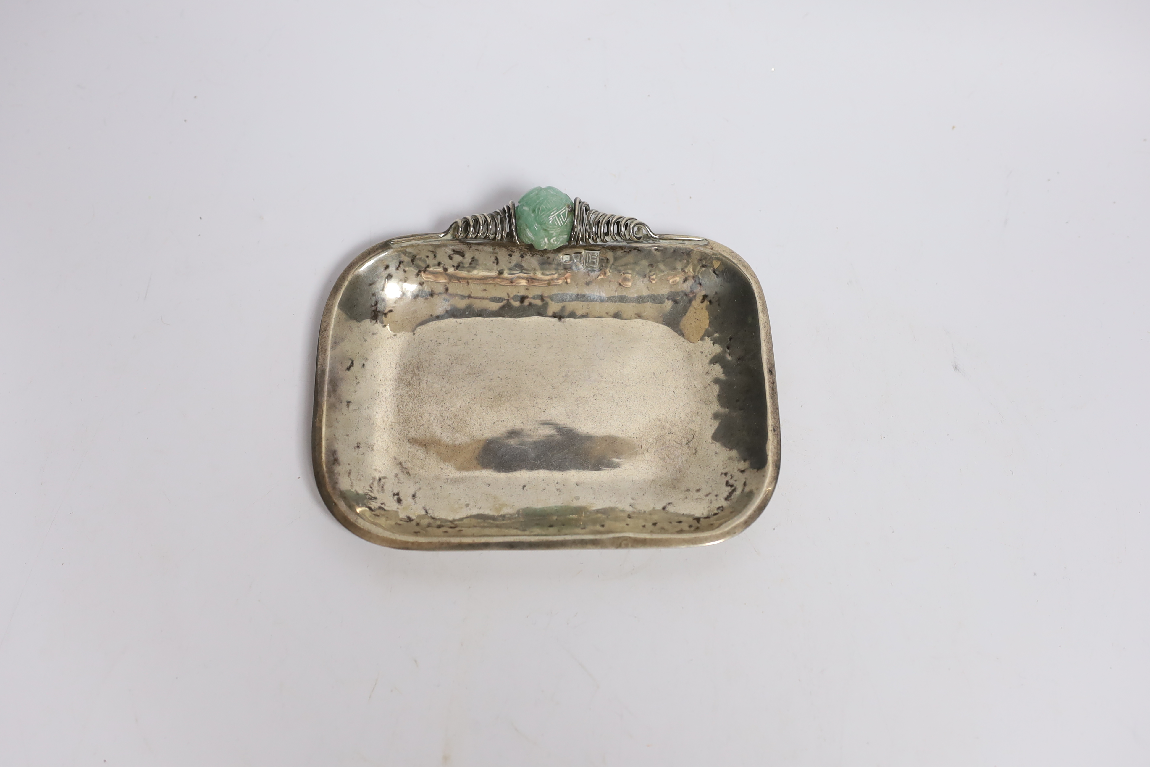 A Chinese white metal and bowenite jade mounted dish, 14.7cm, gross 3.7oz. - Image 2 of 4