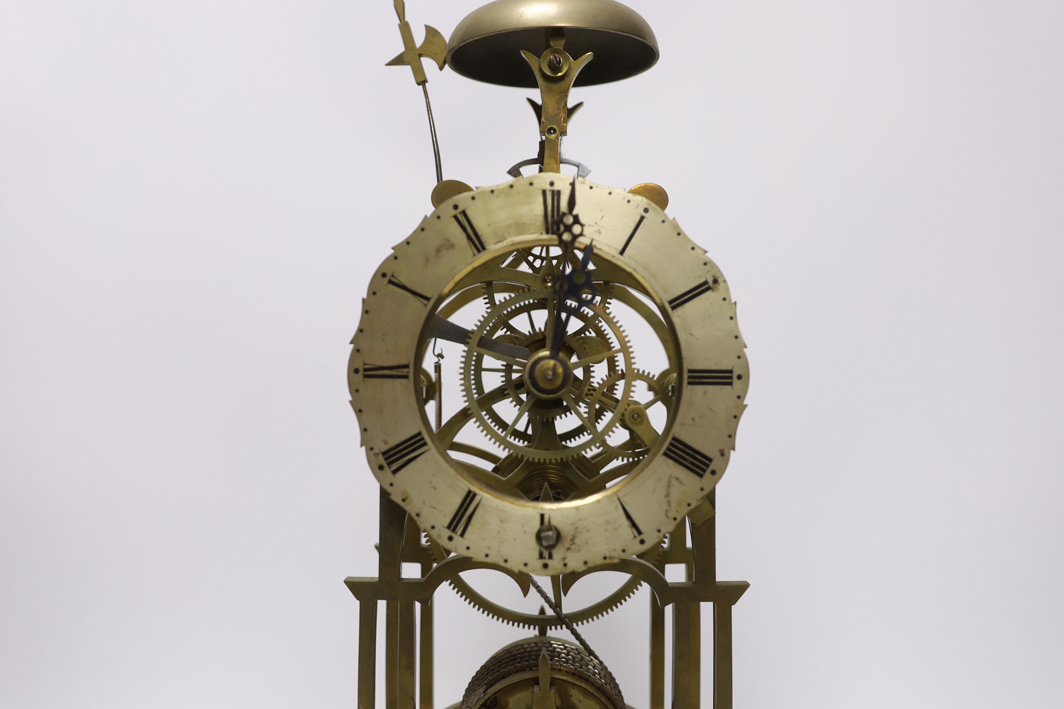 A skeleton clock with Roman numeral dial, raised on white marble base, pendulum and key, 45cm - Image 2 of 3