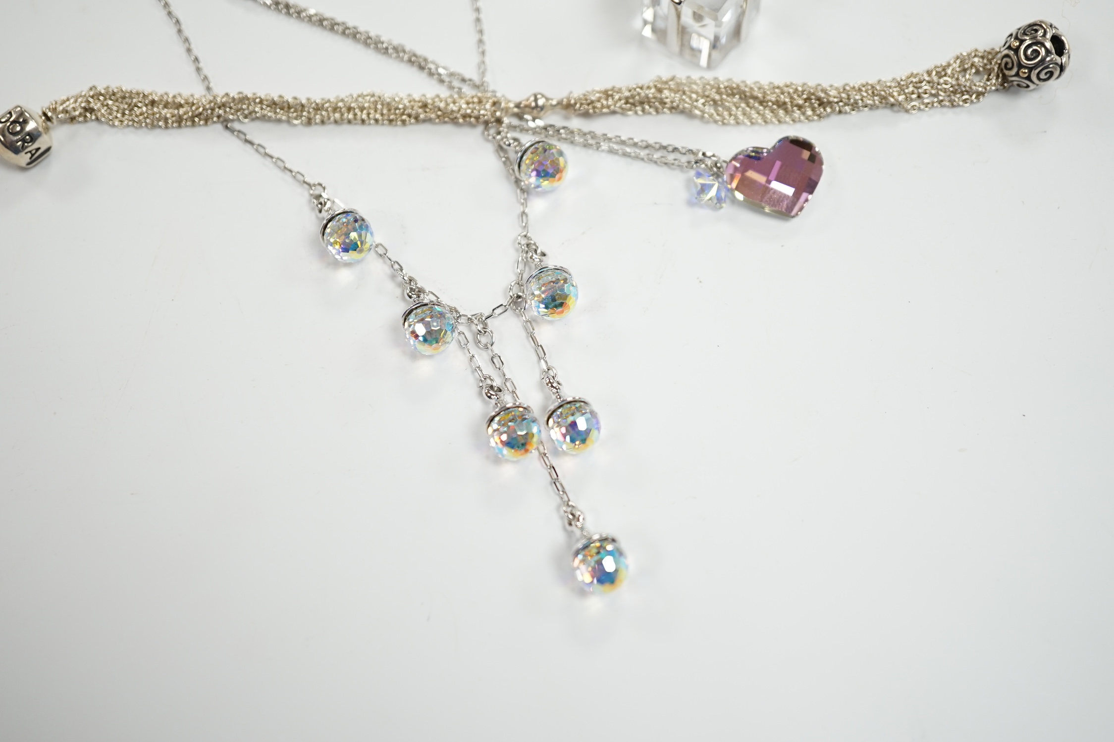 Two modern Swarovski crystal necklaces, a similar 'present' charm and a Pandora bracelet. - Image 2 of 3