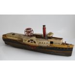 A wooden model of a paddle steamer, with a well detailed deck and with some age to the model,