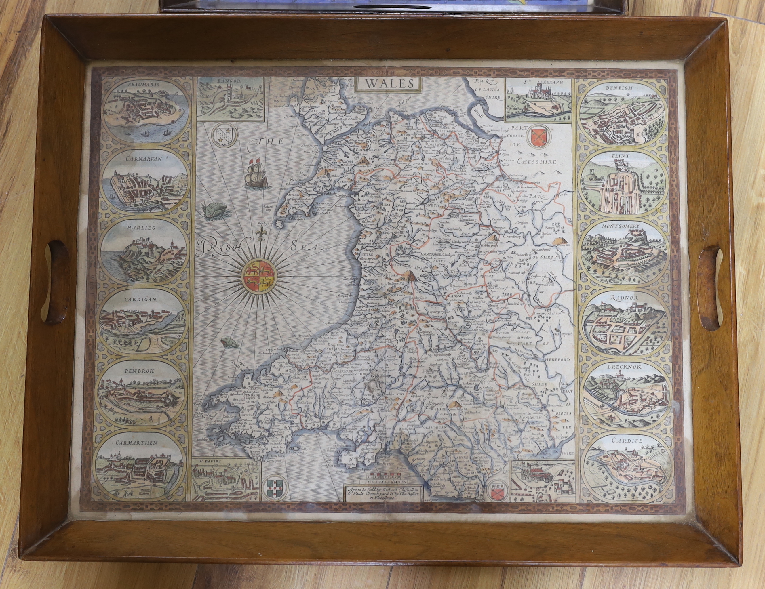 An 18th century hand coloured map of Wales, framed as a twin handled drink’s tray, together with - Bild 2 aus 3