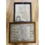 An 18th century hand coloured map of Wales, framed as a twin handled drink’s tray, together with