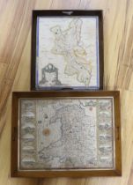 An 18th century hand coloured map of Wales, framed as a twin handled drink’s tray, together with
