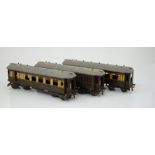 Three Hornby Series 0 gauge tinplate Pullman cars; Loraine, Arcadia and Montana