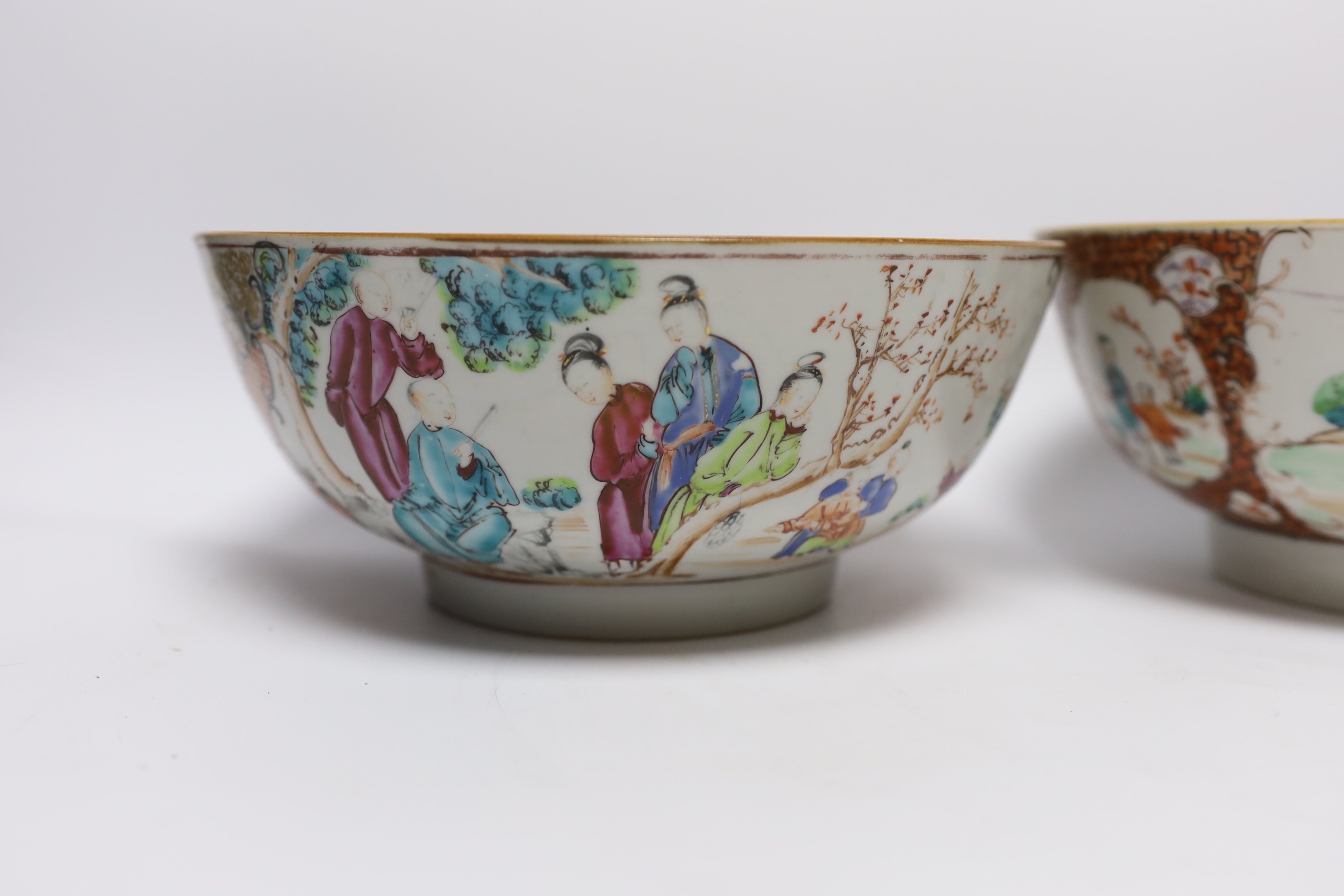 Two 18th century Chinese export famille rose bowls, largest 23cm diameter - Image 2 of 5