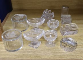 A quantity of glassware to include a pair of cylindrical containers with covers, intaglio engraved