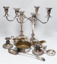 A pair of silver plated on copper twin branch three light candelabra, a "Savoy Hotel" circular