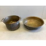 A Victorian circular brass pan together with a circular brass dairy pan, larger diameter 66cm