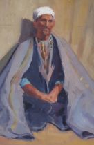 20th century Orientalist School, oil on board, Portrait of a seated Eastern gentleman in robes,