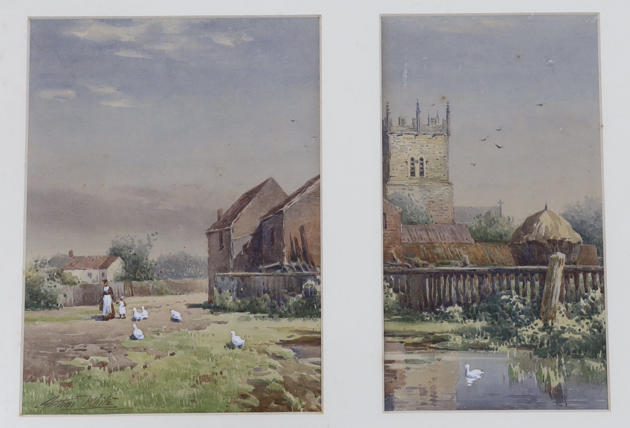 Arthur White (1865-1953), pair of watercolours, Church and duck pond, signed, 25 x 36cm overall