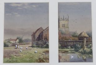 Arthur White (1865-1953), pair of watercolours, Church and duck pond, signed, 25 x 36cm overall