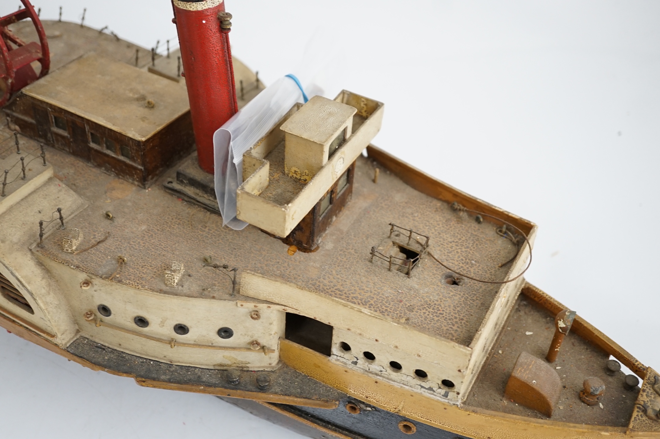 A wooden model of a paddle steamer, with a well detailed deck and with some age to the model, - Image 3 of 4