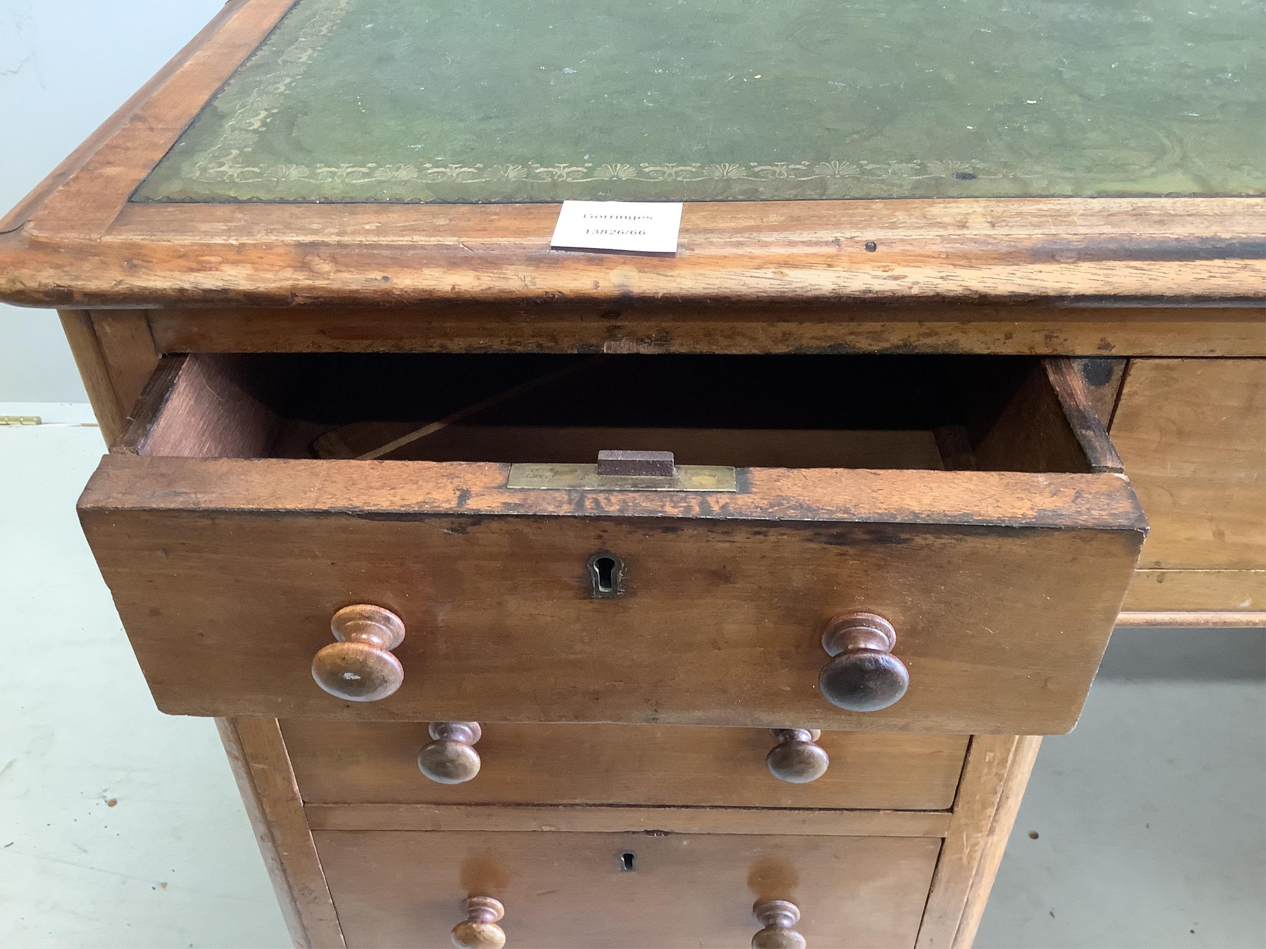 A late Victorian mahogany leather topped pedestal desk, width 138cm, depth 75cm, height 77cm - Image 2 of 2