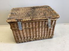 A vintage wicker laundry basket, width 86cm, depth 61cm, height 53cm