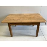 A late 19th century French rectangular oak kitchen table, width 152cm, depth 98cm, height 72cm