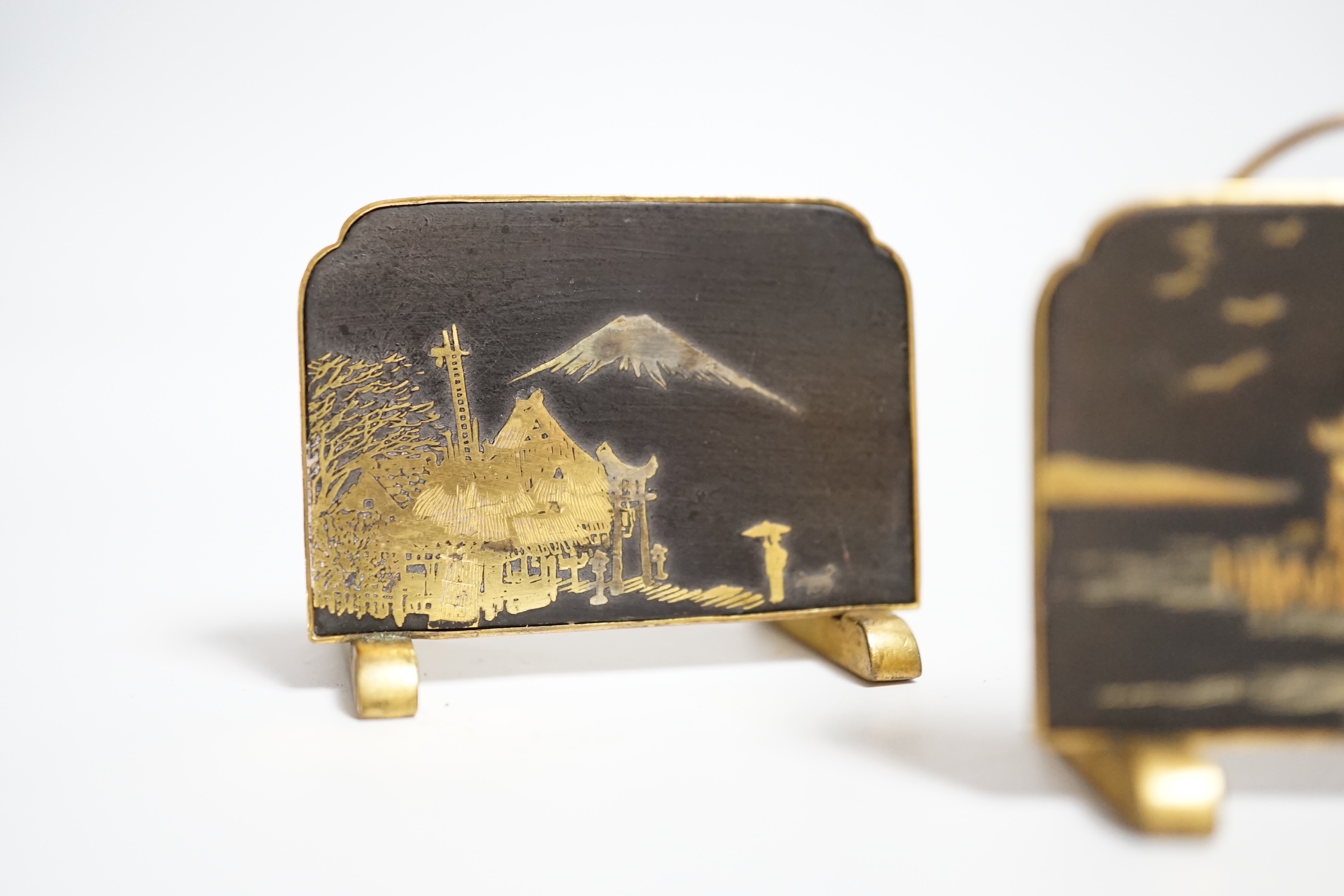 Three Japanese gold damascened iron menu holders by S. Komai, in original box, each 5cm wide - Image 4 of 5