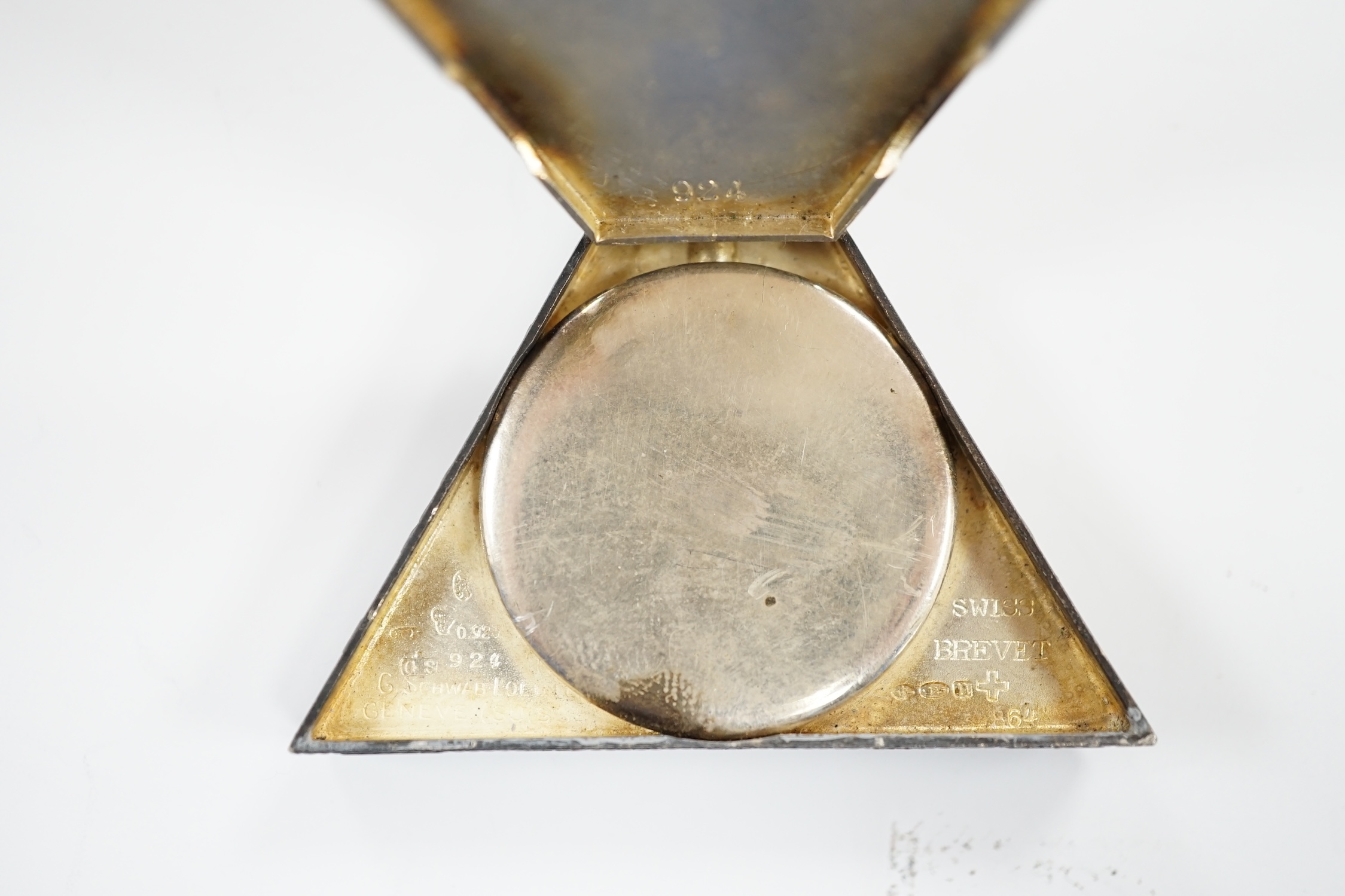 A 1920's Swiss silver triangular Masonic timepiece, with mother of pearl dial, import marks for - Image 4 of 4