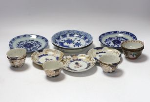 Four 18th century Japanese teabowls with three matching saucers, two 19th century Chinese cafe au