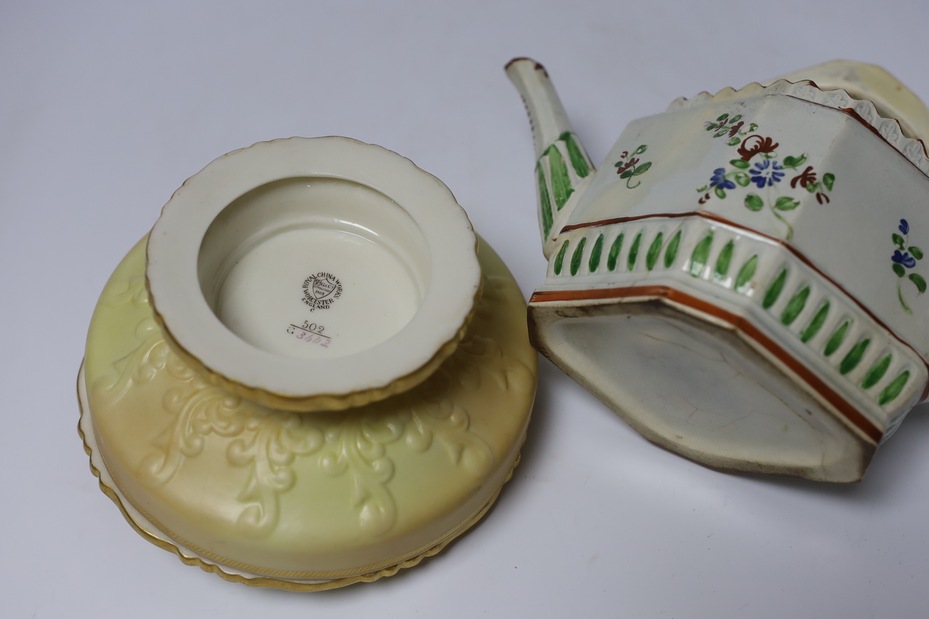 Three pieces of Royal Worcester blush ivory porcelain and an early 19th century pearlware teapot, - Image 5 of 5