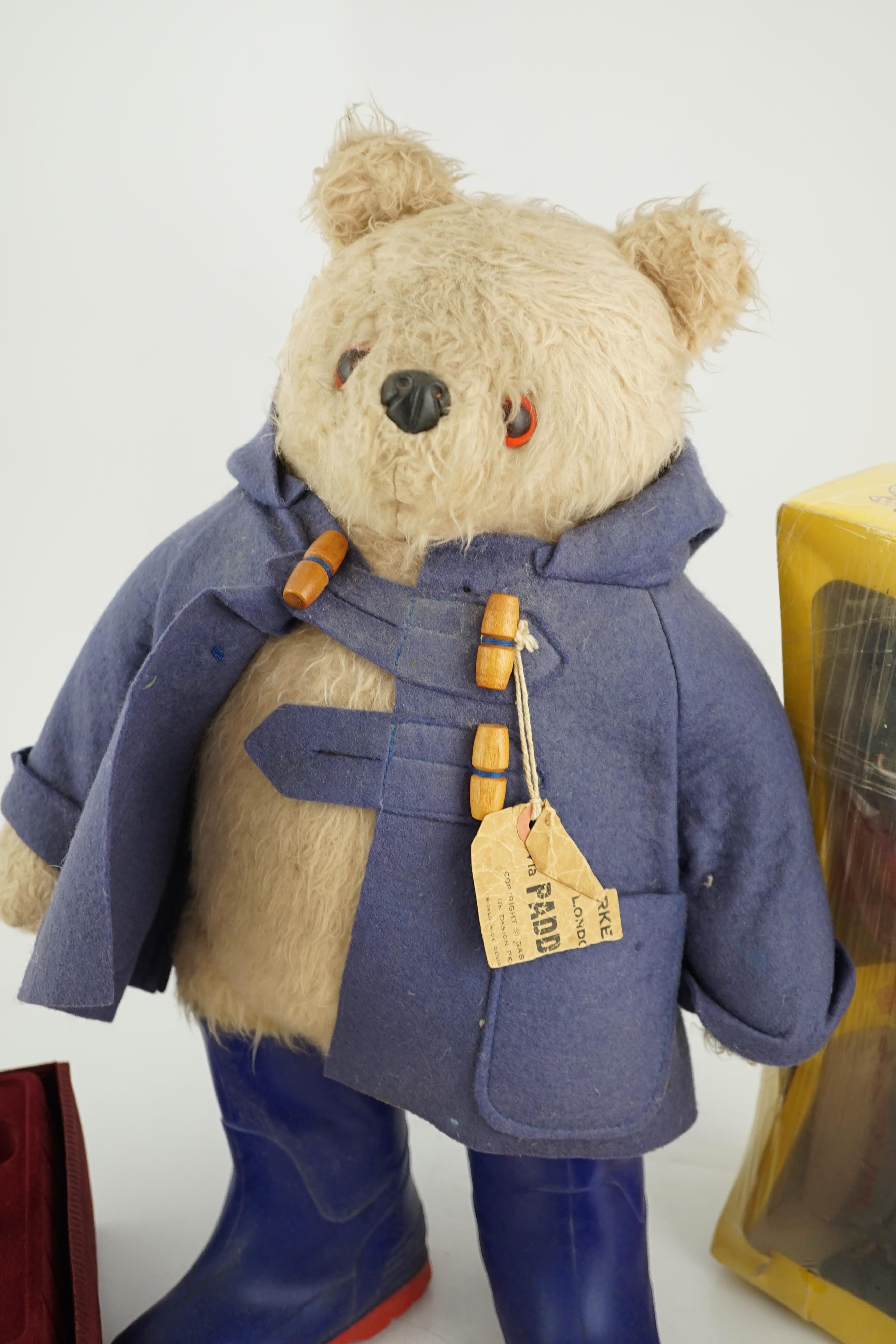 An early Paddington bear, blue jacket, missing hat, a Steiff Ltd. edition lilac bear in box, and a - Image 4 of 12