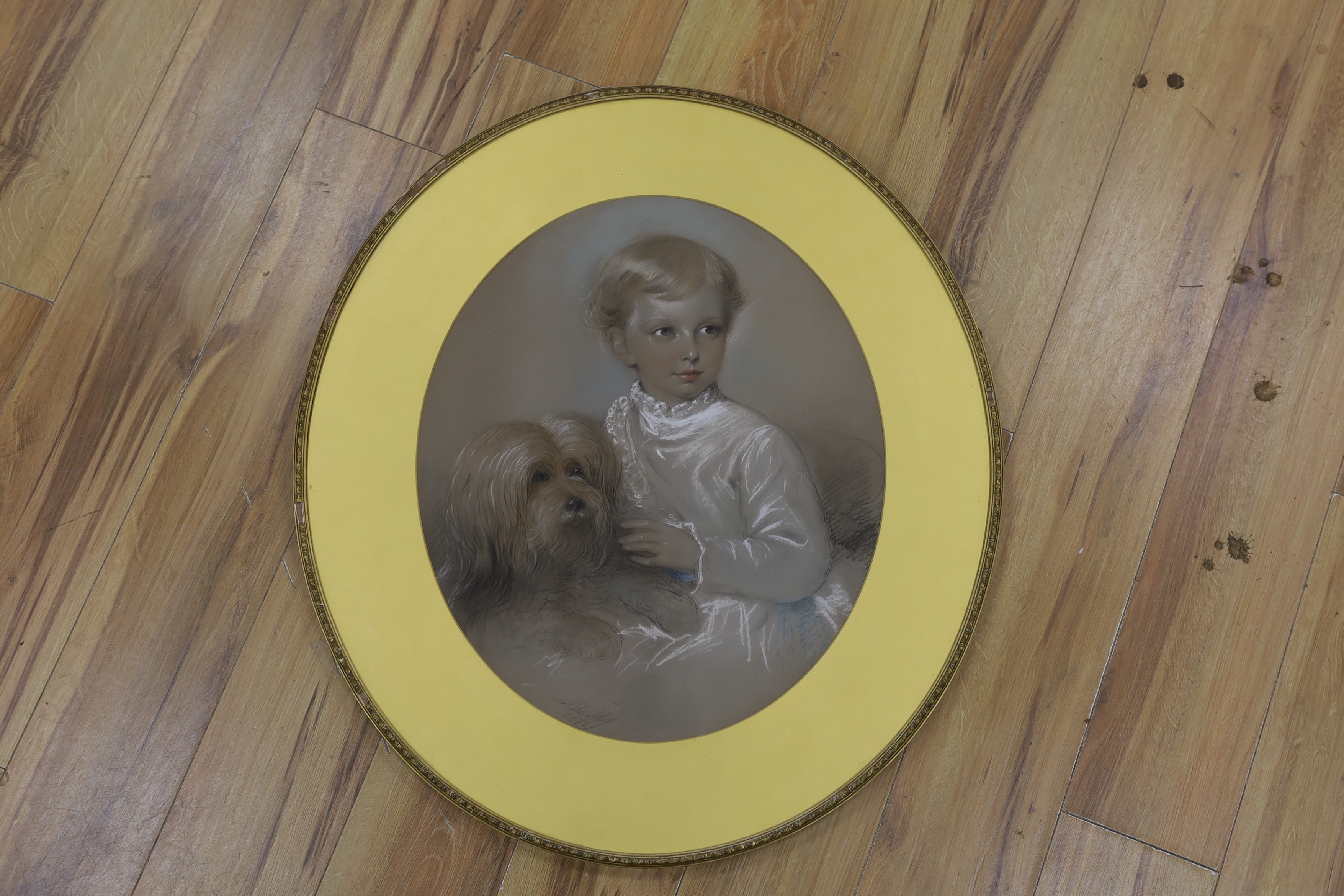 19th century English School, pastel drawing, Family portrait of child and dog, oval, indistinctly - Image 2 of 5