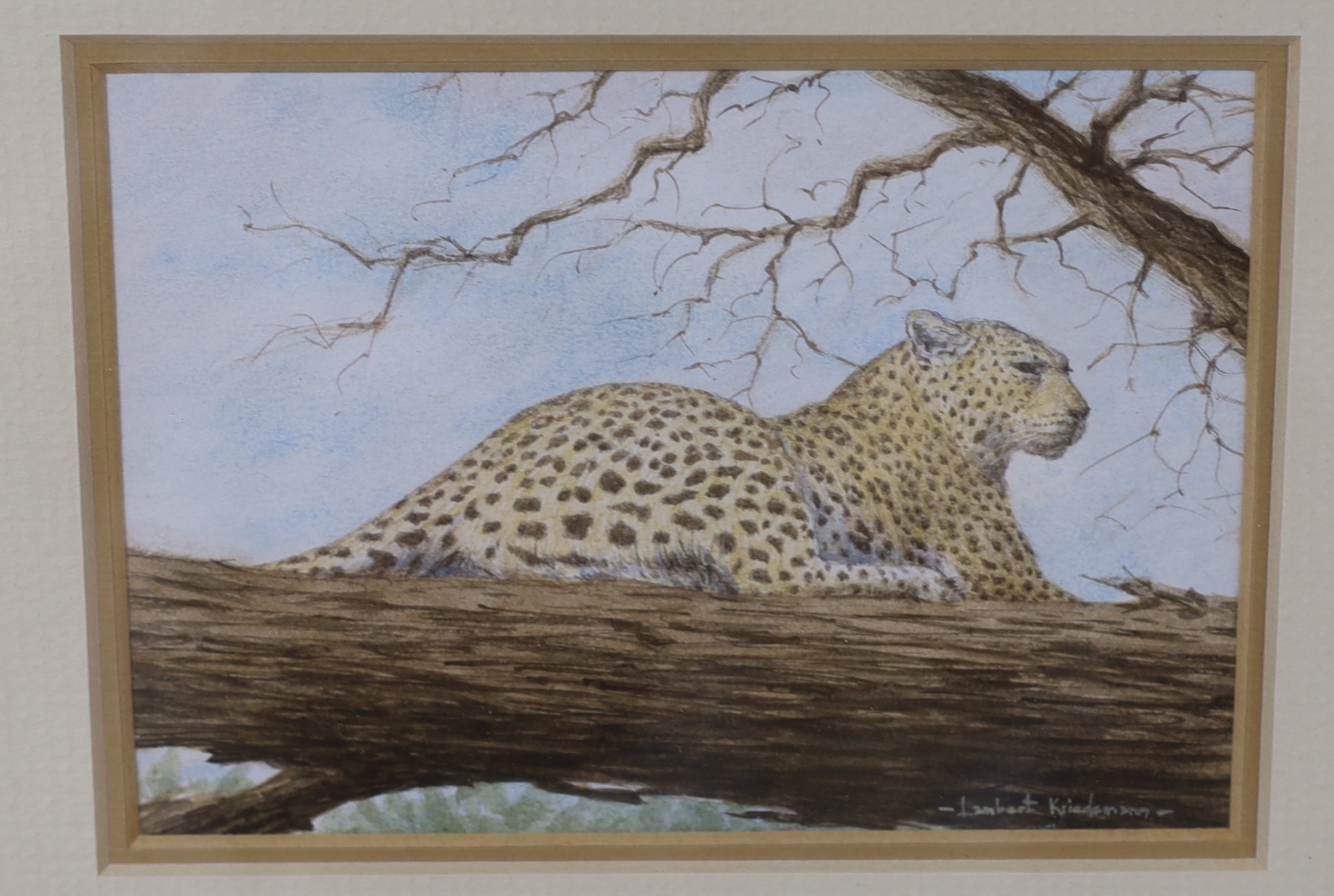 Lambert Kariedemann (South African, b.1951), pair of watercolours, Leopards and antelopes, - Image 3 of 4