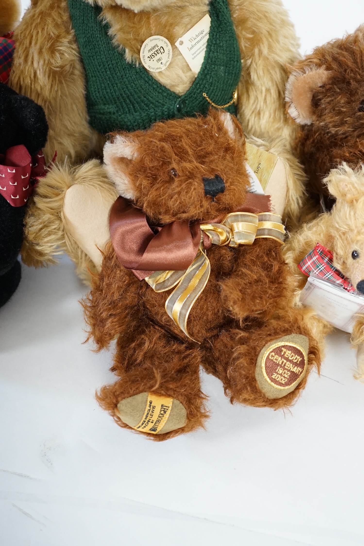 A large 1906 Steiff orange label, two Merrythought John Lewis bears, a black Merrythought bear, an - Image 2 of 5