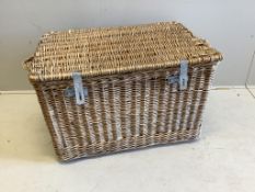 A vintage wicker laundry basket, width 96cm, depth 63cm, height 61cm