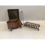 Two wrought iron fire grates, an ash pan and a pair of tongs, larger width 51cm, depth 39cm