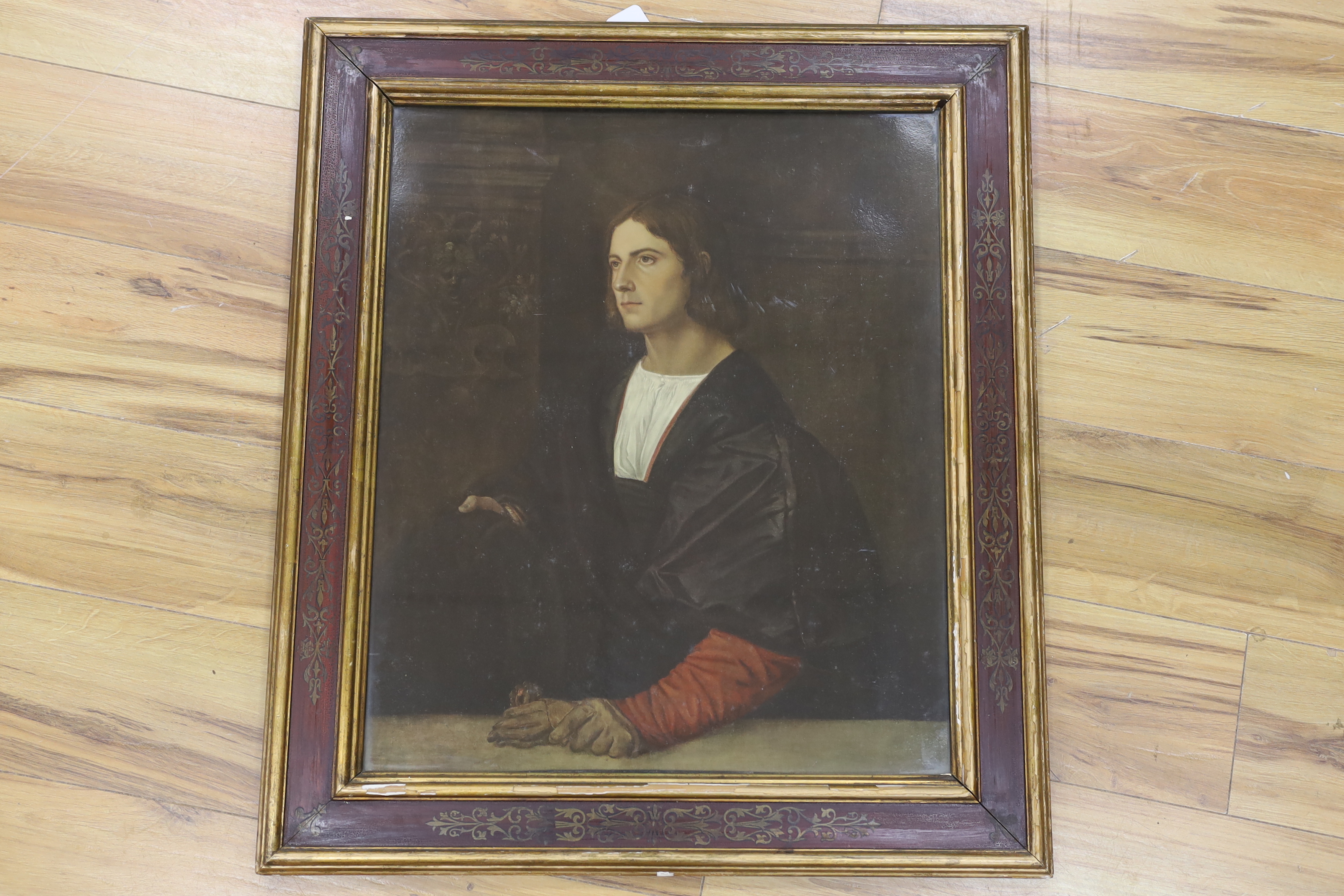 After Titian (Italian, d.1576), Medici Society colour print, Portrait of a young gentleman, label - Image 2 of 4