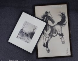 Two Chinese monochrome prints including one after Xu Beihong (1895-1953), Study of a horse,