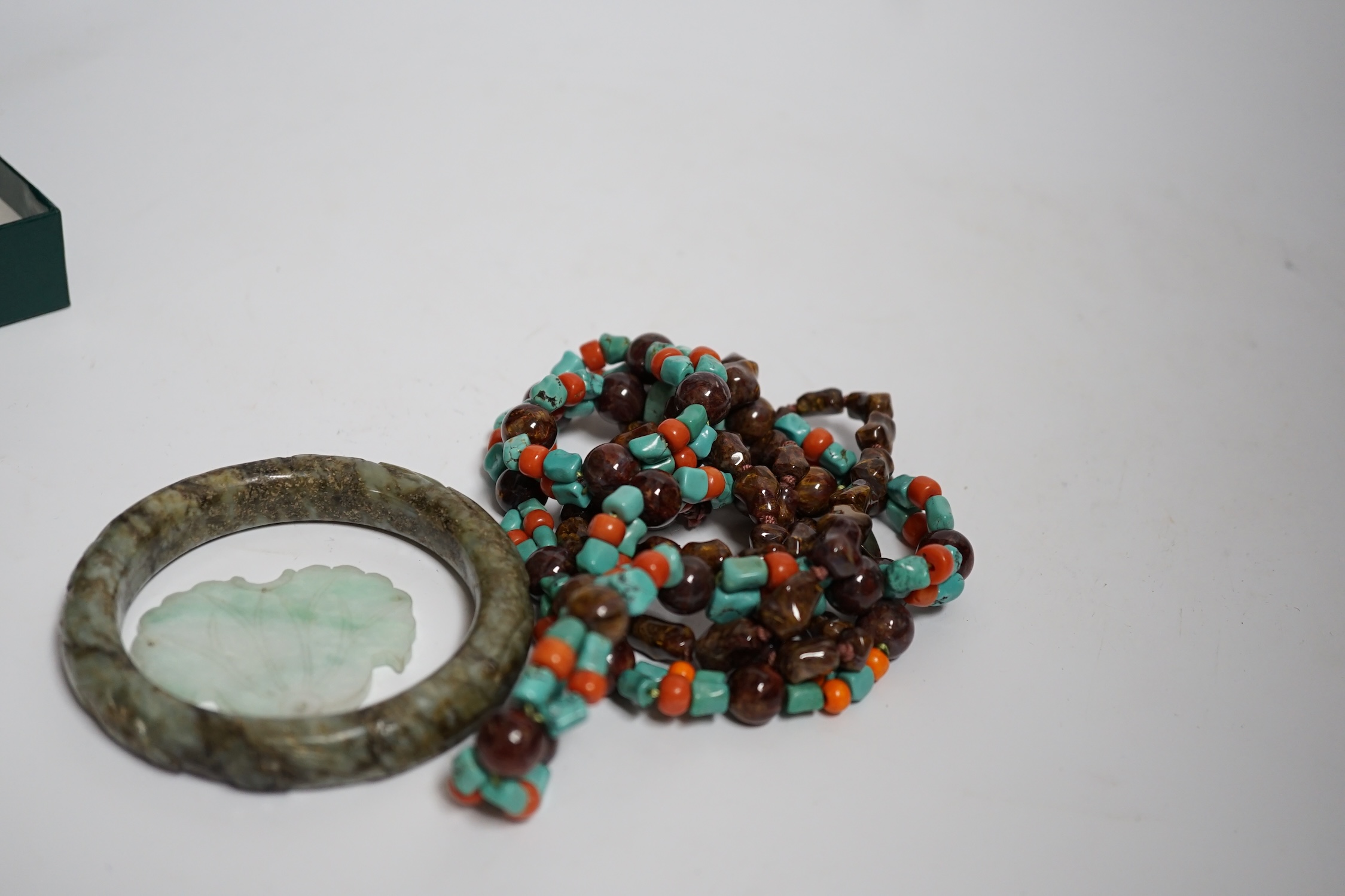 Two Chinese hardstone necklaces, a carved bangle and a jade carving, bangle 8.5cm in diameter - Image 3 of 4