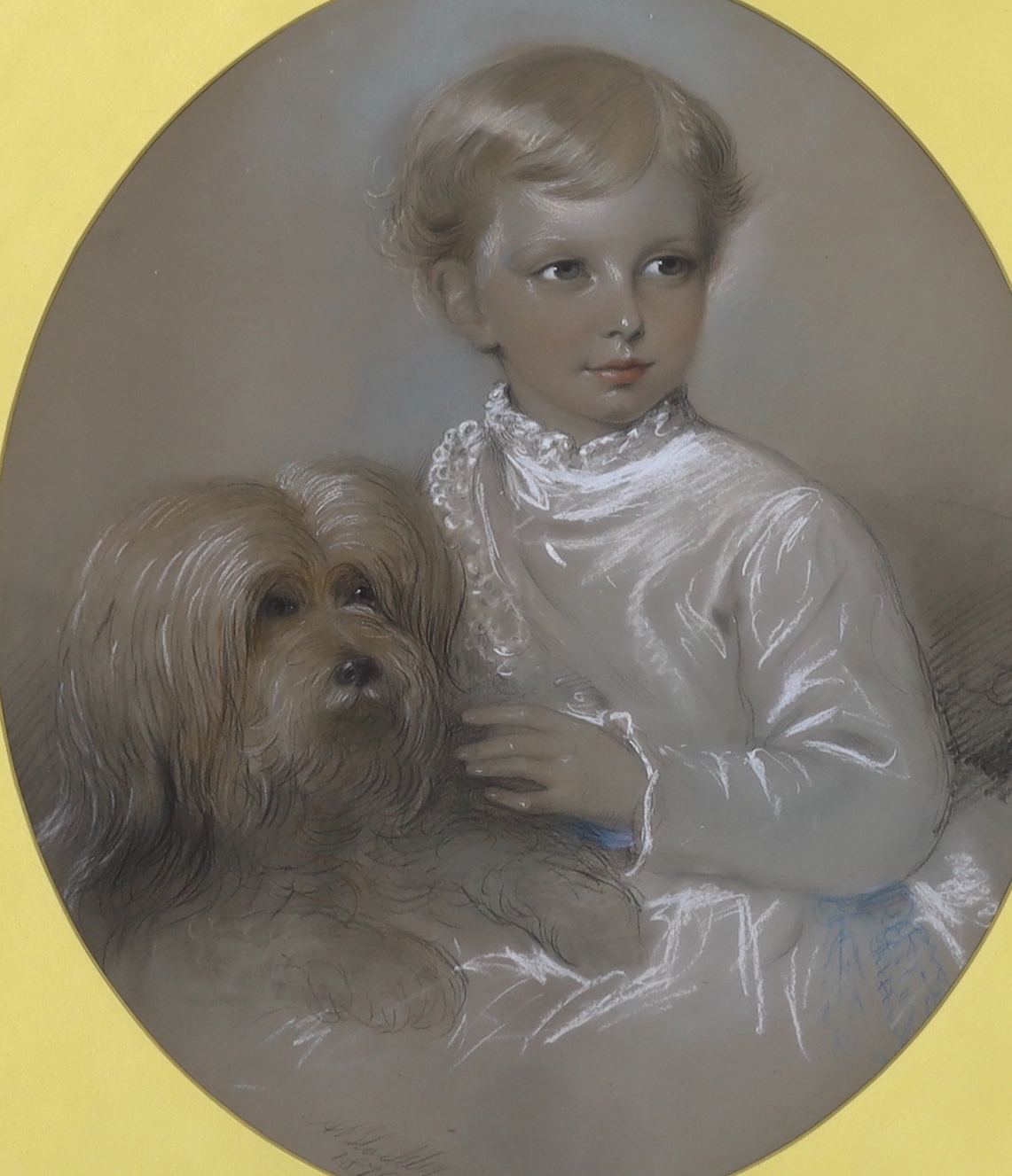 19th century English School, pastel drawing, Family portrait of child and dog, oval, indistinctly