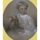 19th century English School, pastel drawing, Family portrait of child and dog, oval, indistinctly