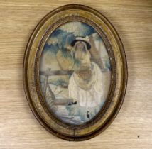 An early George IV oval silk work needlework pastoral embroidery, of a young girl with a fishing rod