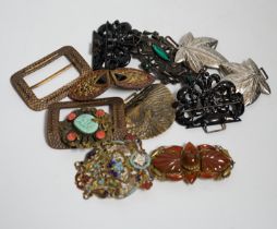 A collection of 20th century and later buckles including jet, Art Deco paste, Japanese Satsuma and
