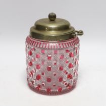 A Victorian cut clear and ruby glass biscuit barrel, 17cm